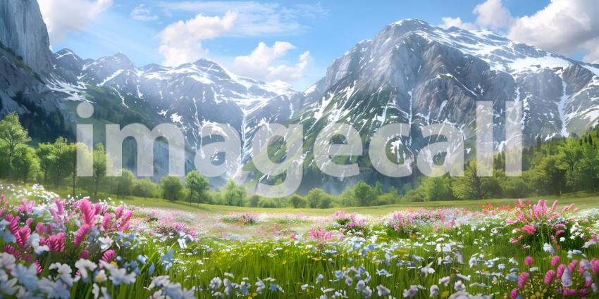 Mountain scenery with blooming meadows in springtime background - Ai Generated