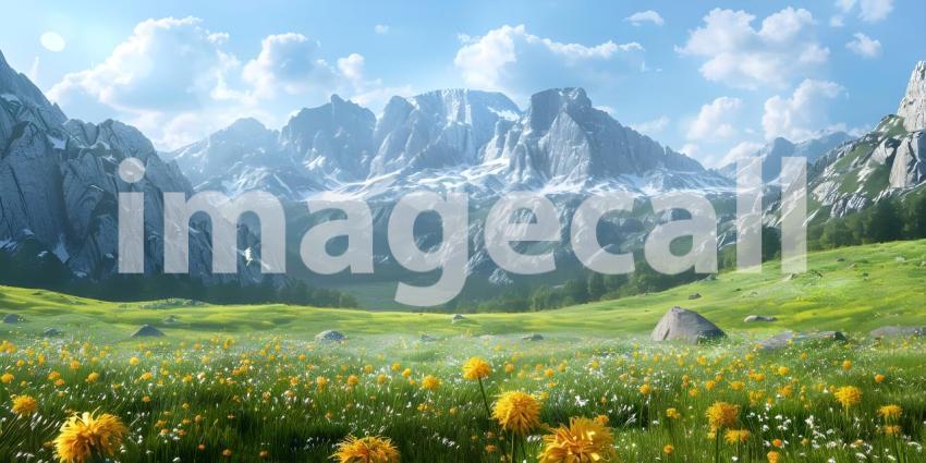 Mountain scenery with blooming meadows in springtime background - Ai Generated