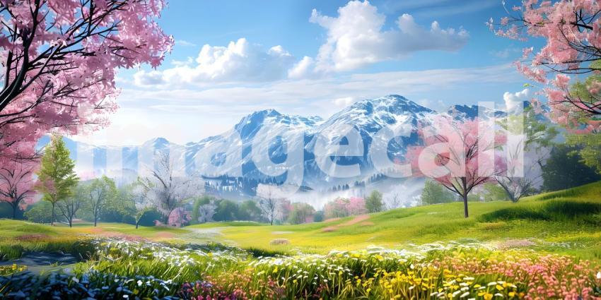 Mountain scenery with blooming meadows in springtime background - Ai Generated