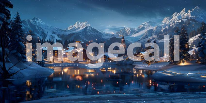 Mountains Ski resort at night background - Ai Generated