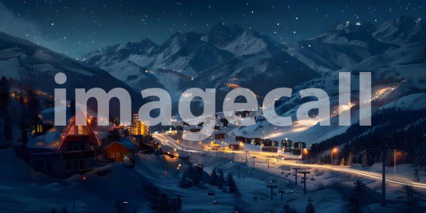 Mountains Ski resort at night background - Ai Generated