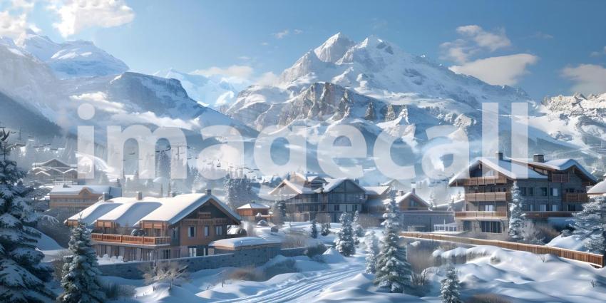 Mountains Ski resort at sunny day background - Ai Generated