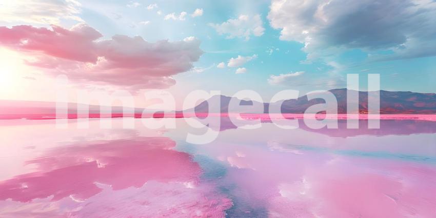 Pink lake with the incredible natural landscape background - Ai Generated