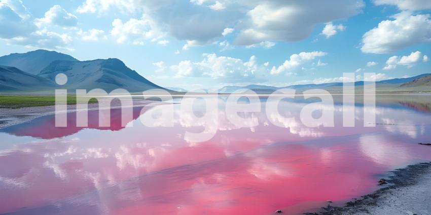 Pink lake with the incredible natural landscape background - Ai Generated