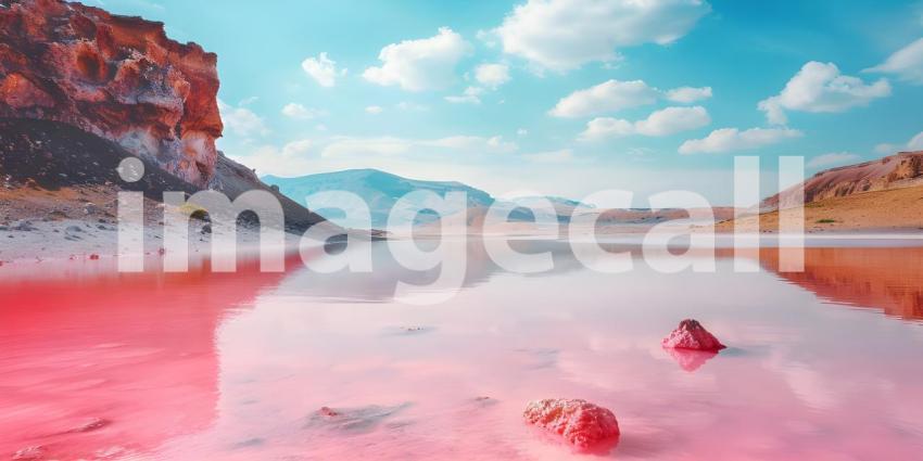 Pink lake with the incredible natural landscape background - Ai Generated