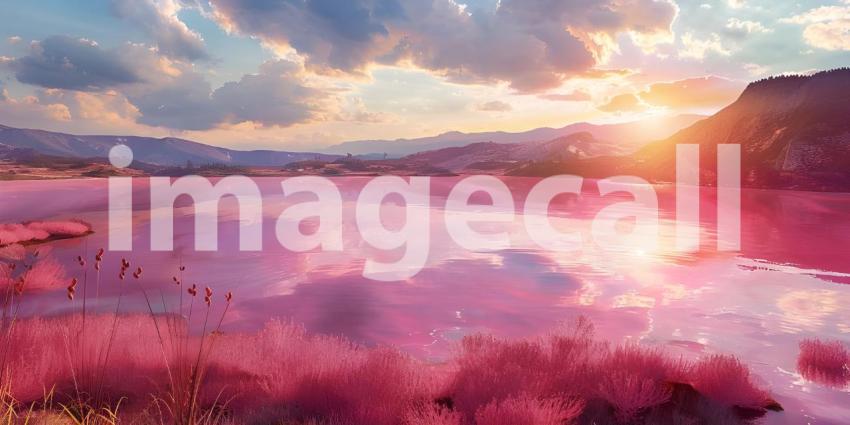 Pink lake with the incredible natural landscape background - Ai Generated