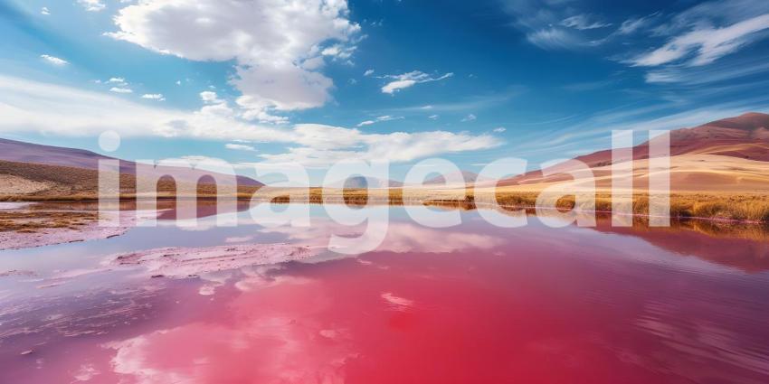 Pink lake with the incredible natural landscape background - Ai Generated