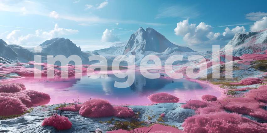 Pink lake with the incredible natural landscape background - Ai Generated