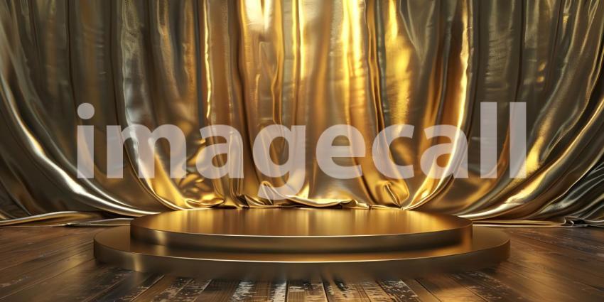 Podium with golden textile background - Ai Generated