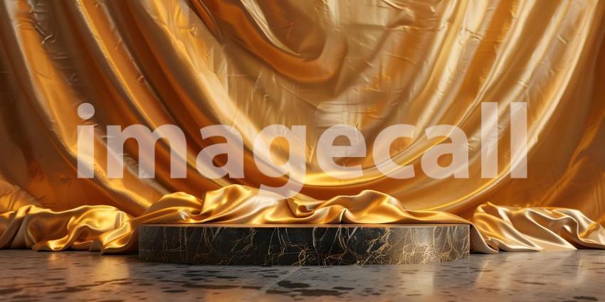 Podium with golden textile background - Ai Generated