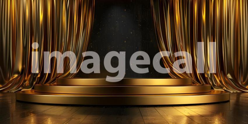 Podium with golden textile background - Ai Generated