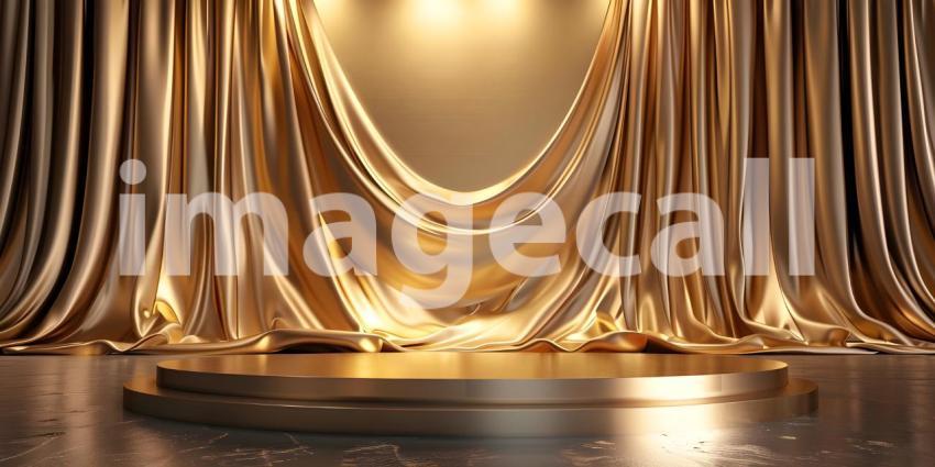 Podium with golden textile background - Ai Generated