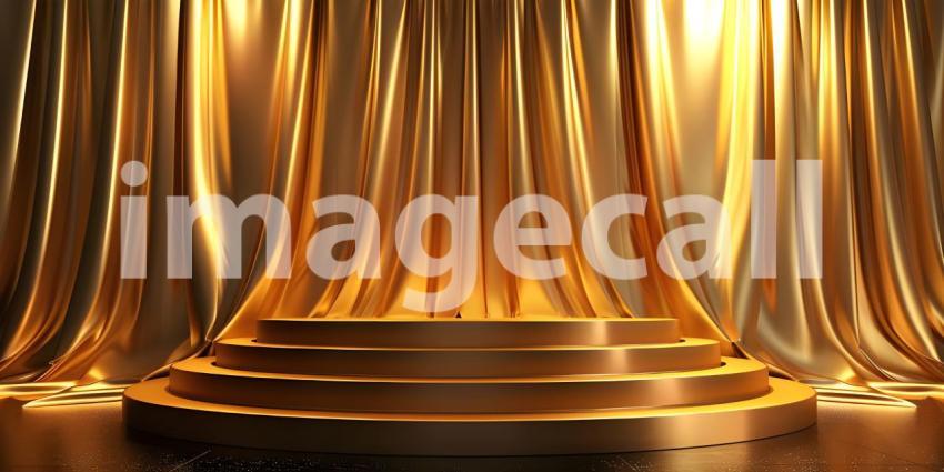 Podium with golden textile background - Ai Generated