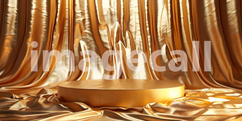 Podium with golden textile background - Ai Generated