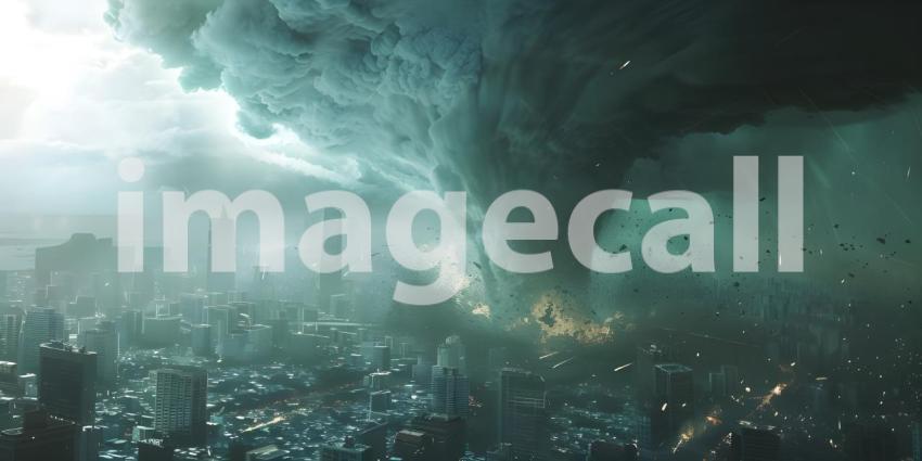 Powerful tornado in city background - Ai Generated