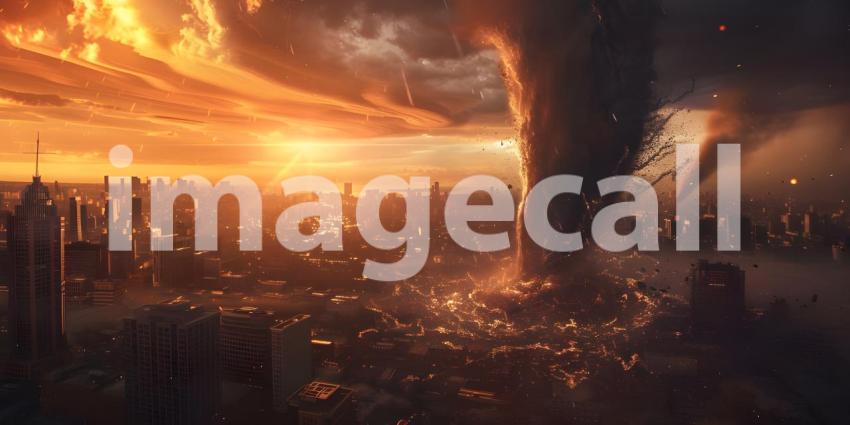 Powerful tornado in city background - Ai Generated