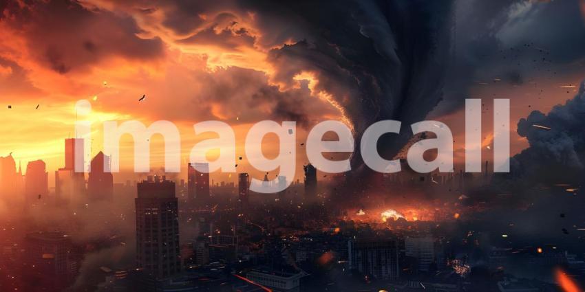 Powerful tornado in city background - Ai Generated