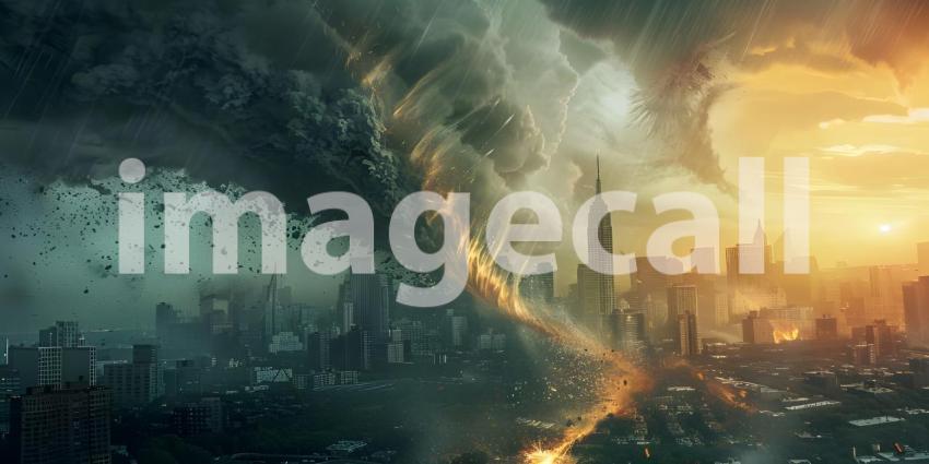 Powerful tornado in city background - Ai Generated