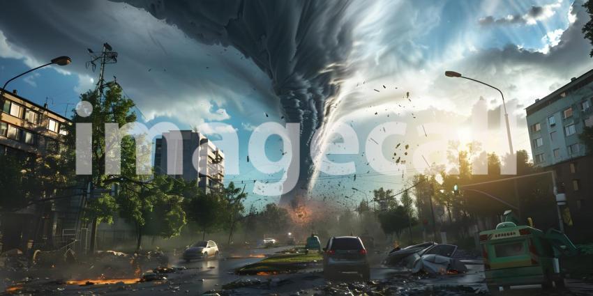 Powerful tornado in city background - Ai Generated