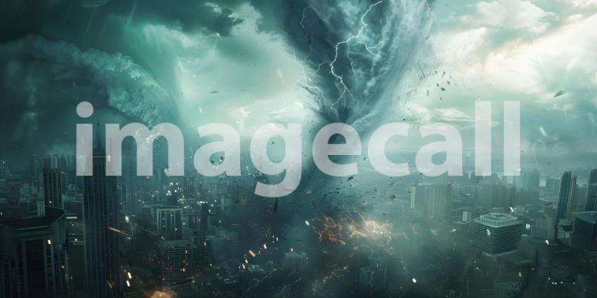 Powerful tornado in city background - Ai Generated