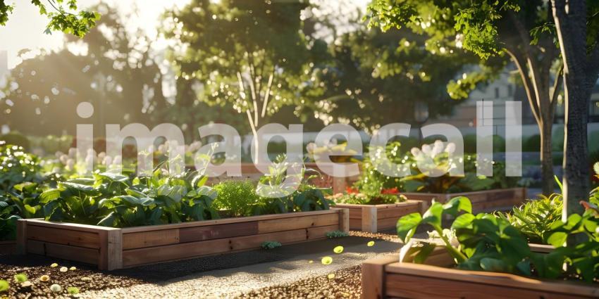 Raised garden beds with plants in vegetable community garden background - Ai Generated