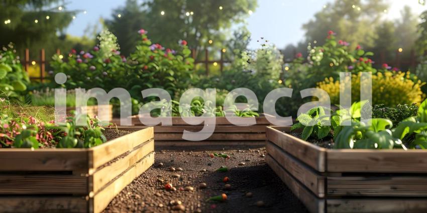 Raised garden beds with plants in vegetable community garden background - Ai Generated