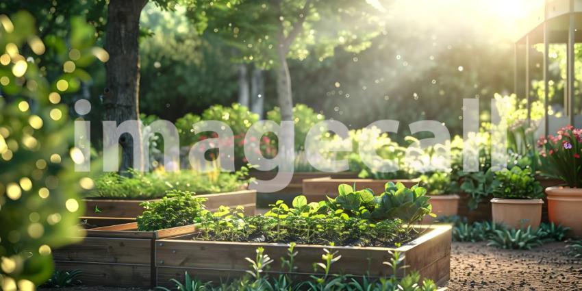 Raised garden beds with plants in vegetable community garden background - Ai Generated