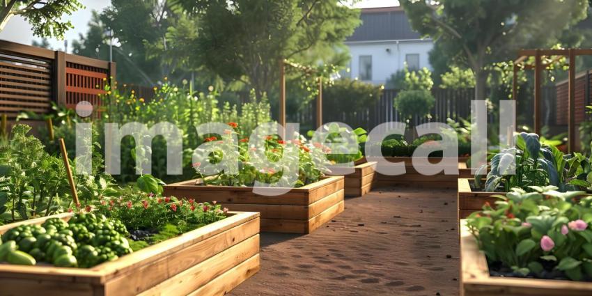 Raised garden beds with plants in vegetable community garden background - Ai Generated