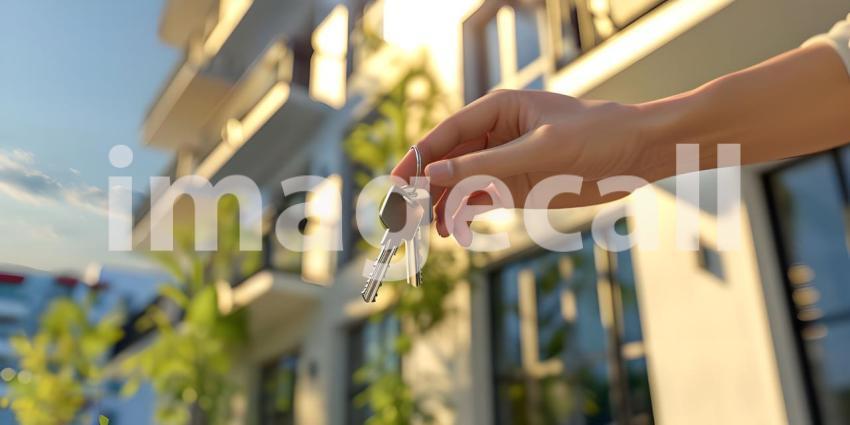 Realtor is giving the keys to an apartment to clients real estate concept background - Ai Generated