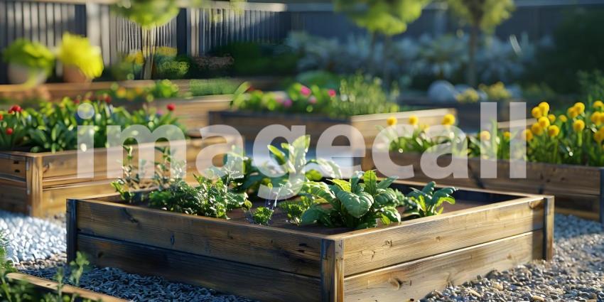 Raised garden beds with plants in vegetable community garden background - Ai Generated