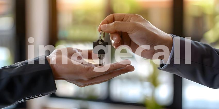 Realtor is giving the keys to an apartment to clients real estate concept background - Ai Generated
