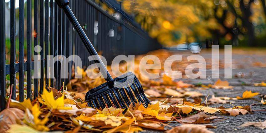 Rake, fence and colorful yellow maple leaves in fall on ground in autumn days background - Ai Generated