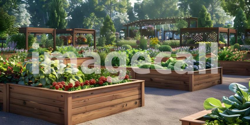 Raised garden beds with plants in vegetable community garden background - Ai Generated
