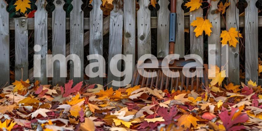 Rake, fence and colorful yellow maple leaves in fall on ground in autumn days background - Ai Generated