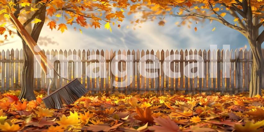 Rake, fence and colorful yellow maple leaves in fall on ground in autumn days background - Ai Generated