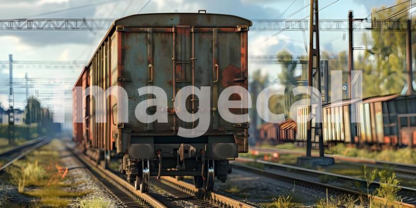 Rear view of the last wagon of a freight train background - Ai Generated