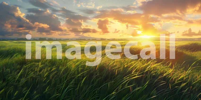 Beautiful Wavy Green Field During Sunset - Ai Generated