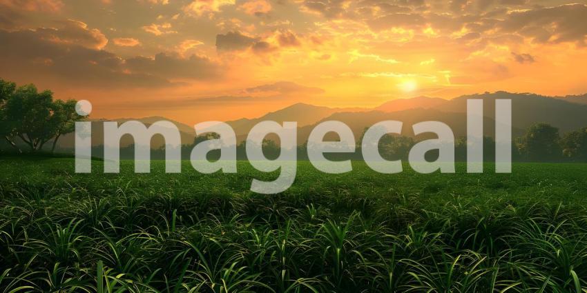 Beautiful Wavy Green Field During Sunset - Ai Generated