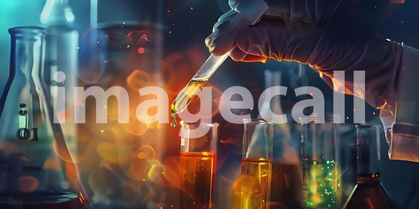 Scientist hand dropping chemical liquid into test tube background - Ai Generated