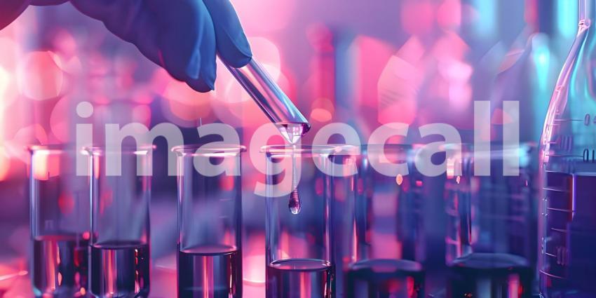 Scientist hand dropping chemical liquid into test tube background - Ai Generated