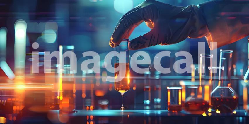 Scientist hand dropping chemical liquid into test tube background - Ai Generated