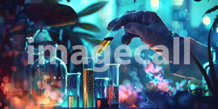 Scientist hand dropping chemical liquid into test tube background - Ai Generated