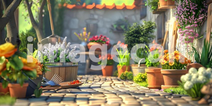Set Of Tools For Gardener And Flowerpots In Sunny Garden background - Ai Generated