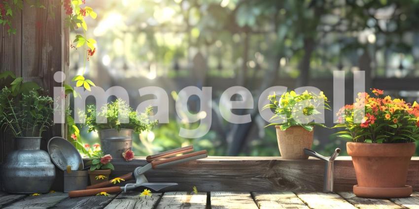 Set Of Tools For Gardener And Flowerpots In Sunny Garden background - Ai Generated
