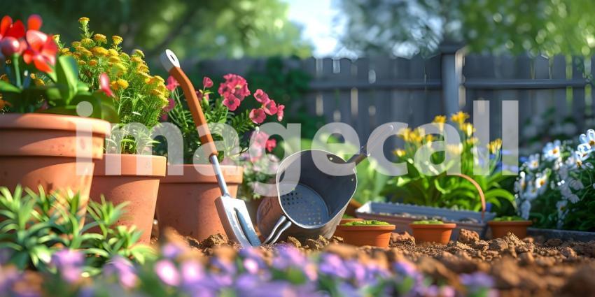 Set Of Tools For Gardener And Flowerpots In Sunny Garden background - Ai Generated