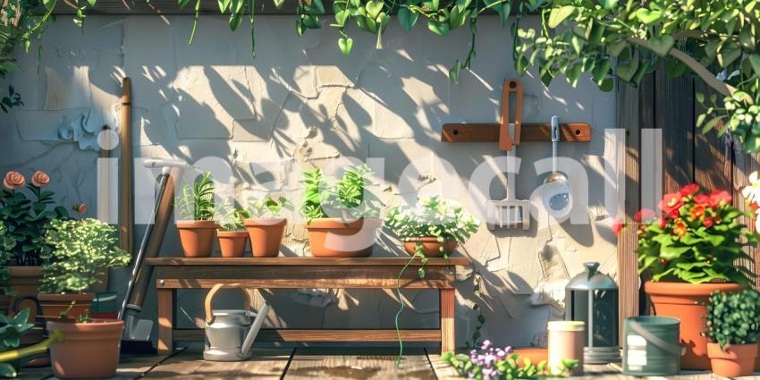 Set Of Tools For Gardener And Flowerpots In Sunny Garden background - Ai Generated