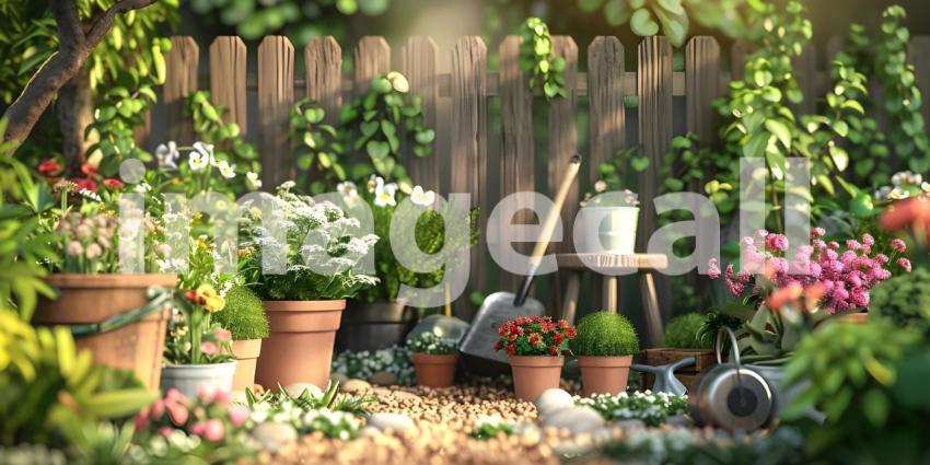 Set Of Tools For Gardener And Flowerpots In Sunny Garden background - Ai Generated