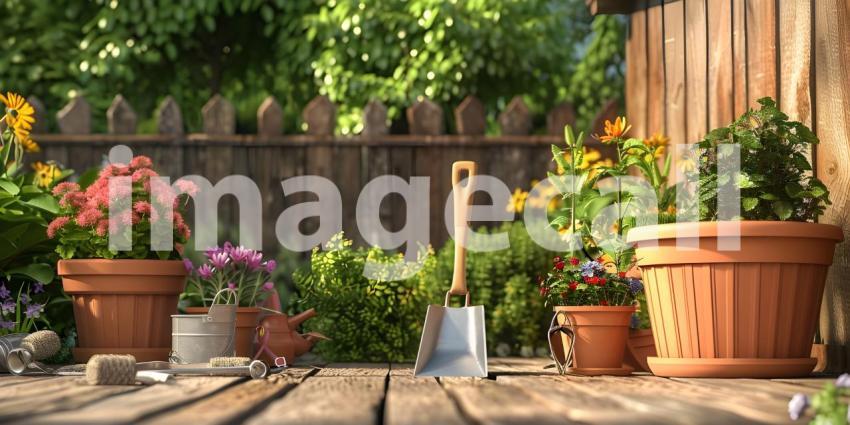 Set Of Tools For Gardener And Flowerpots In Sunny Garden background - Ai Generated