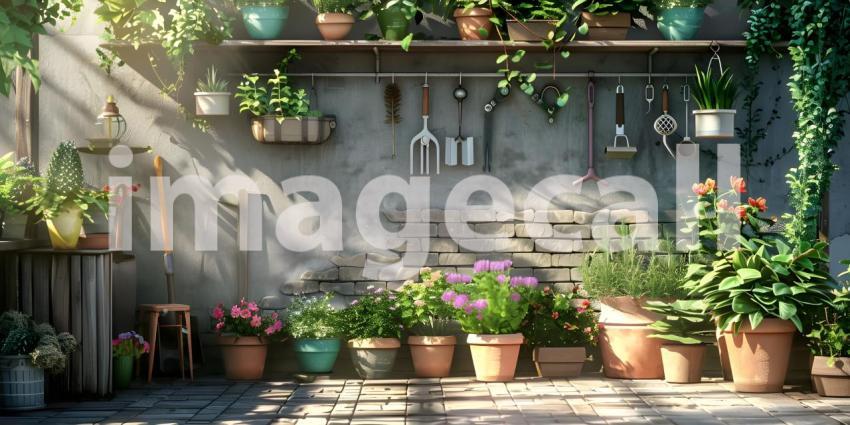 Set Of Tools For Gardener And Flowerpots In Sunny Garden background - Ai Generated