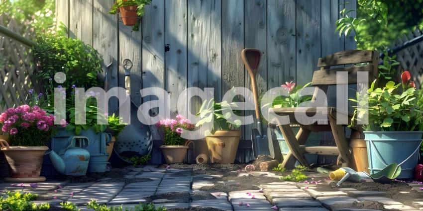 Set Of Tools For Gardener And Flowerpots In Sunny Garden background - Ai Generated